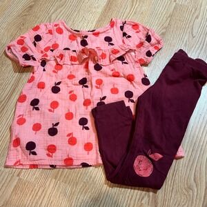Cat & Jack Girls Set 5T‎ Top Ruffle Sleeve Apples Burgundy Leggings Outfit